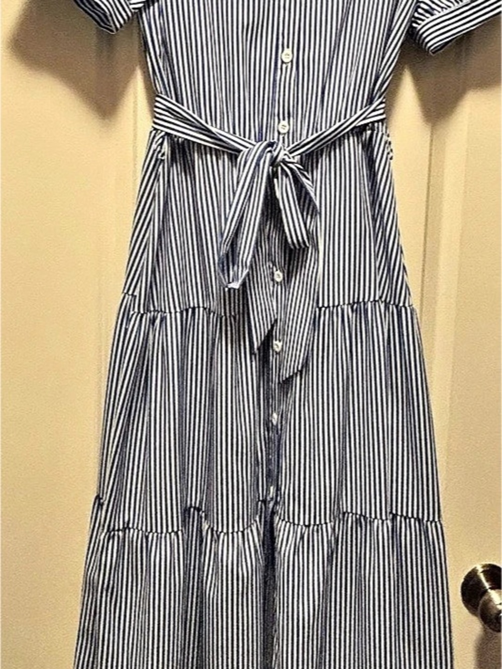 Blue and White Striped Button-Front Midi Shirt Dress with Tie Waist NWOT